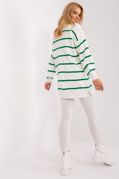 Striped Long Sweater with Round Neckline