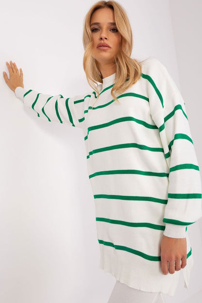 Striped Long Sweater with Round Neckline