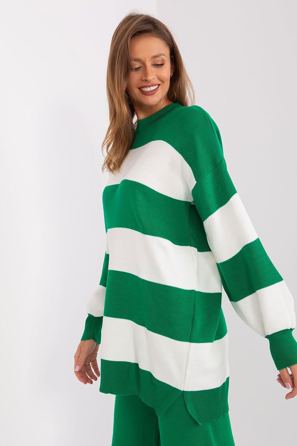 Long Loose Sweater with Wide Stripes and Round Neckline