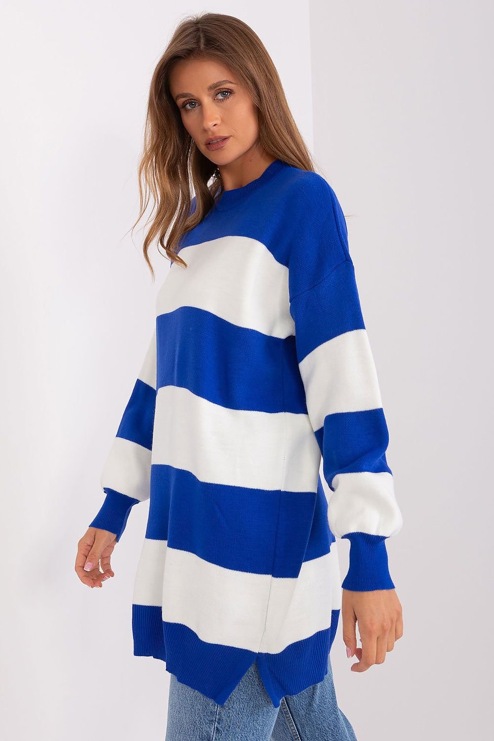 Long Loose Sweater with Wide Stripes and Round Neckline