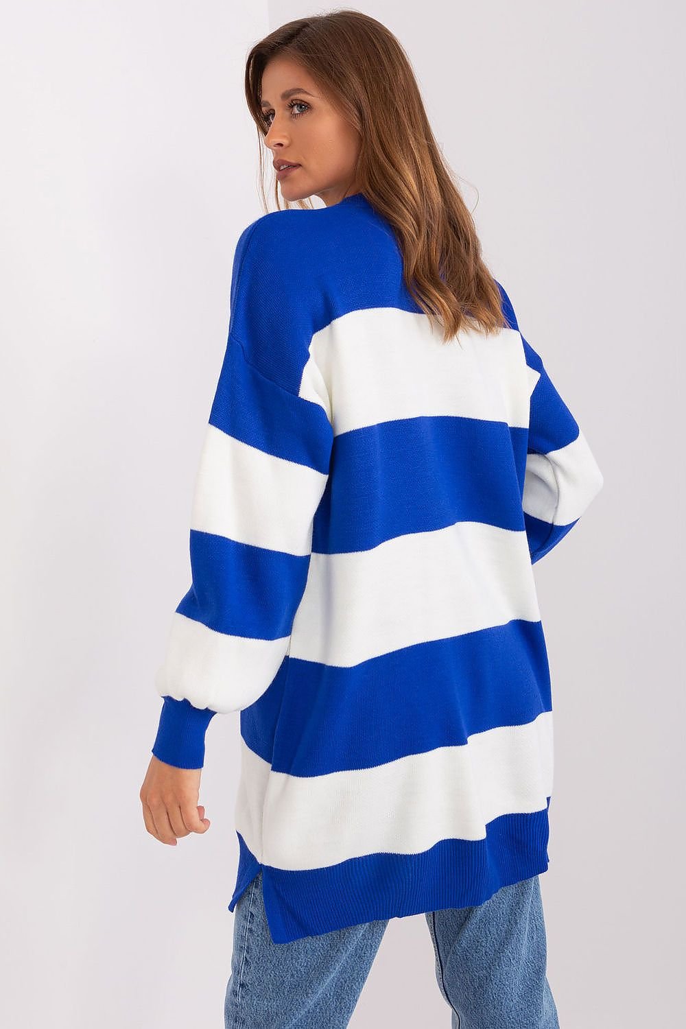 Long Loose Sweater with Wide Stripes and Round Neckline