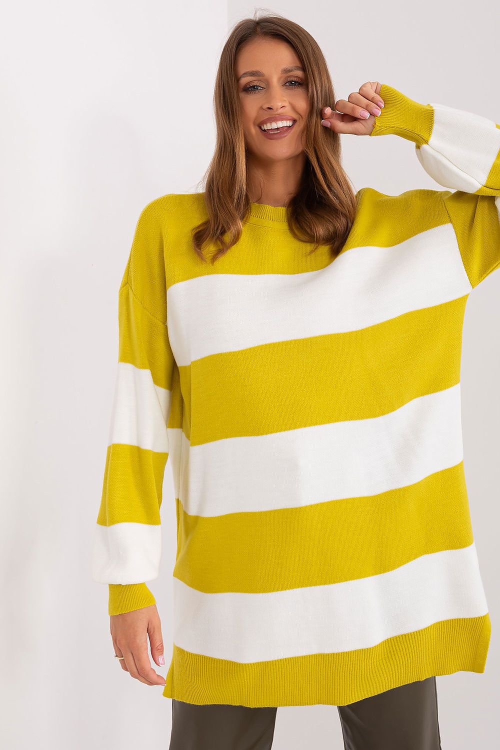 Long Loose Sweater with Wide Stripes and Round Neckline