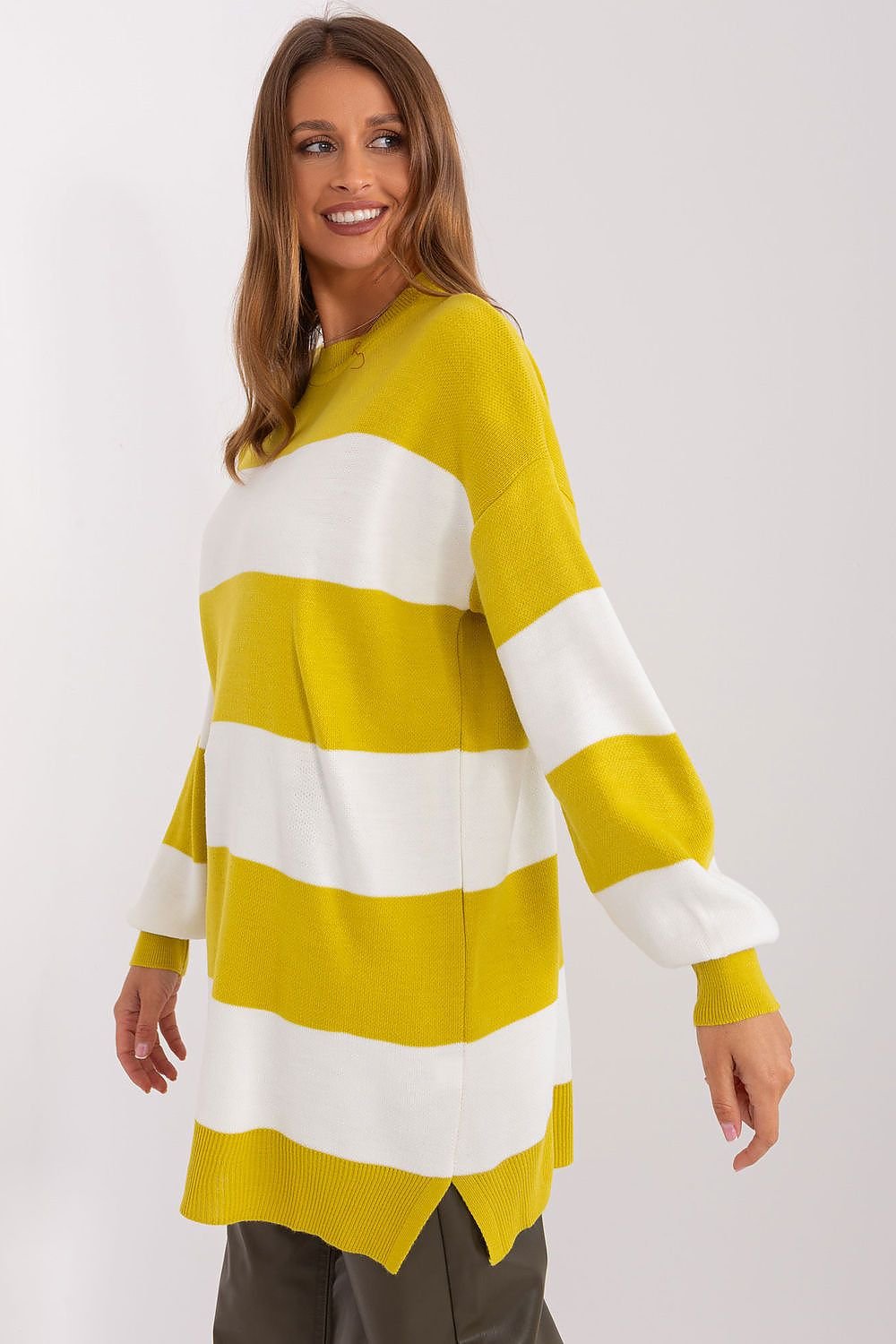 Long Loose Sweater with Wide Stripes and Round Neckline