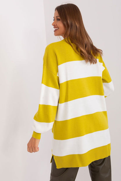 Long Loose Sweater with Wide Stripes and Round Neckline