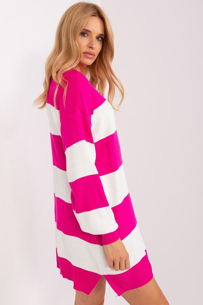 Long Loose Sweater with Wide Stripes and Round Neckline