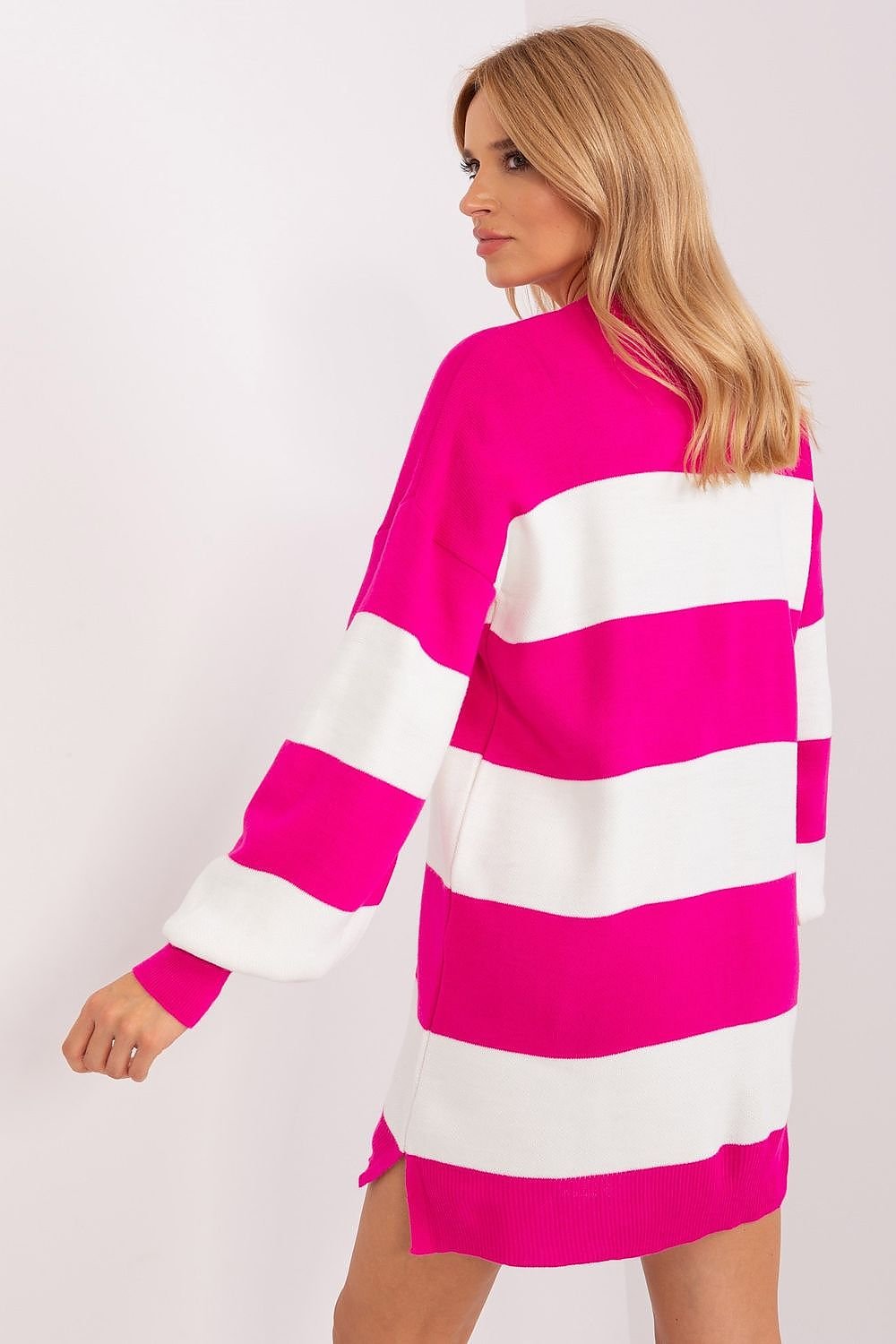 Long Loose Sweater with Wide Stripes and Round Neckline