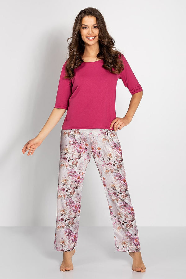 Elegant Women's Pajama Set – Half-Round Neckline Blouse with Elbow Sleeves and Long Pants