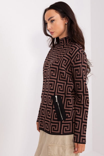 Geometric Pattern Sweater with Half Turtleneck and Zippered Pockets