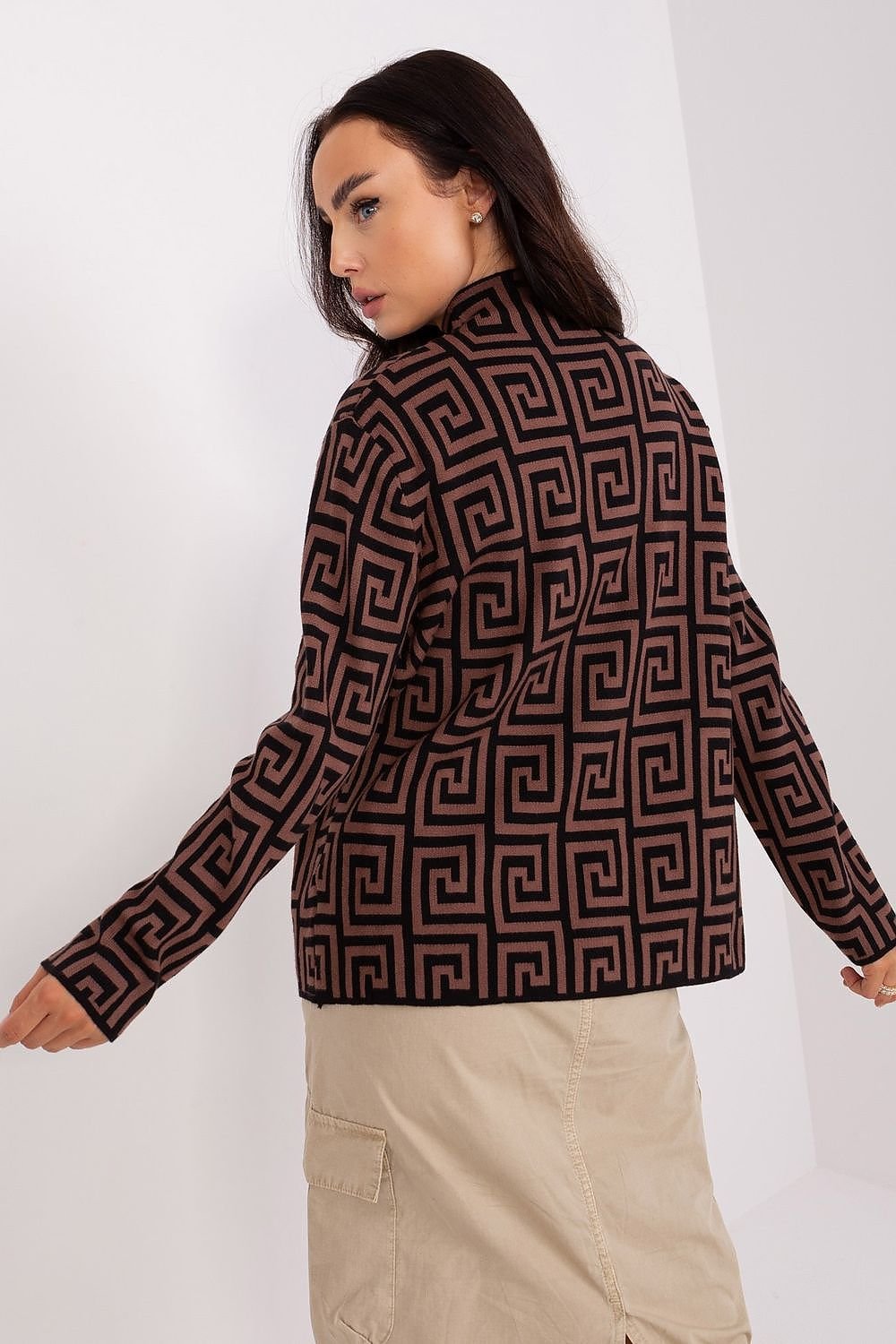 Geometric Pattern Sweater with Half Turtleneck and Zippered Pockets