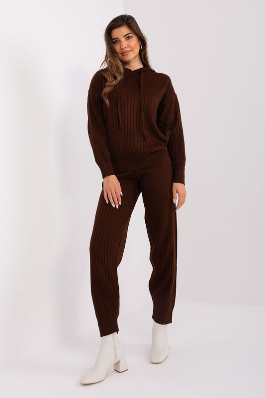 A casual and comfortable women's set featuring a long-sleeve hooded sweater and high-waisted pants with ribbed details, offering style and comfort for everyday wear.