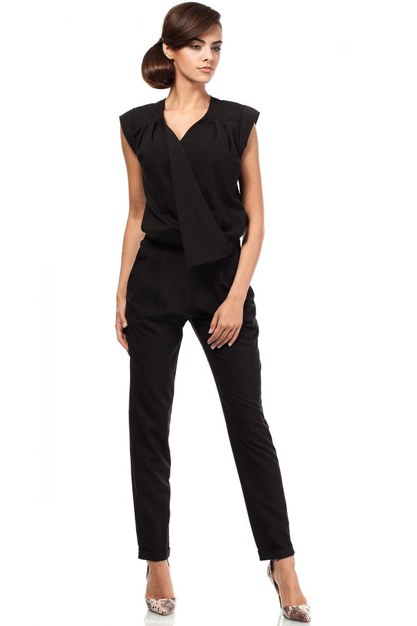 Sleeveless Pantsuit with Envelope Top, Darts, and Tapered Cuffed Legs