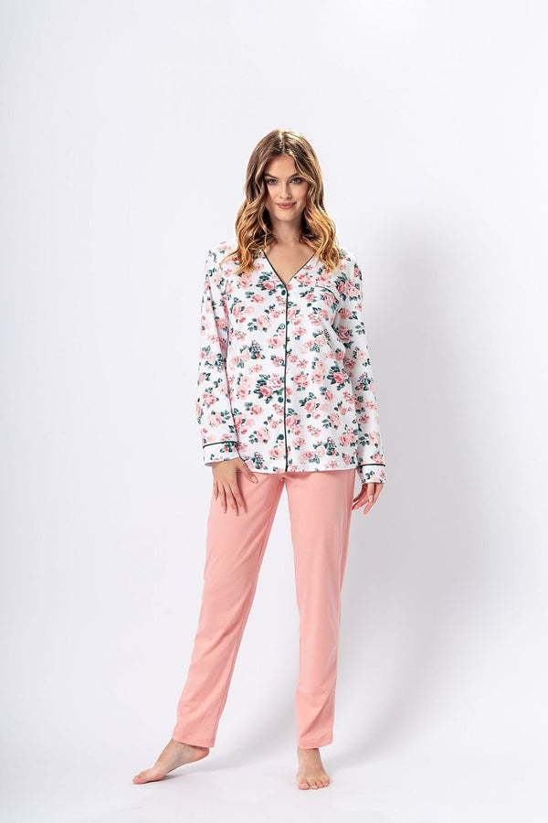 Women's Pajama Set – Buttoned Blouse with Floral Rose Motif, Contrast Piping, and Long Peach Pants
