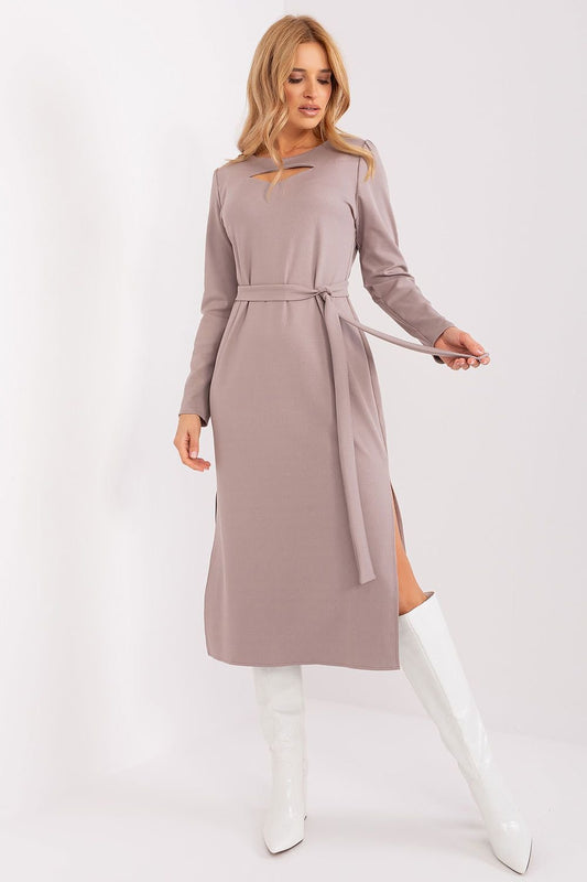 Variegated Ribbed Midi Dress with Tie Belt and Cutout Neckline for Elegant Style