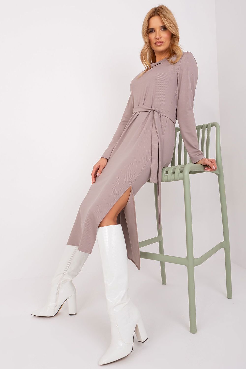 Variegated Ribbed Midi Dress with Tie Belt and Cutout Neckline for Elegant Style