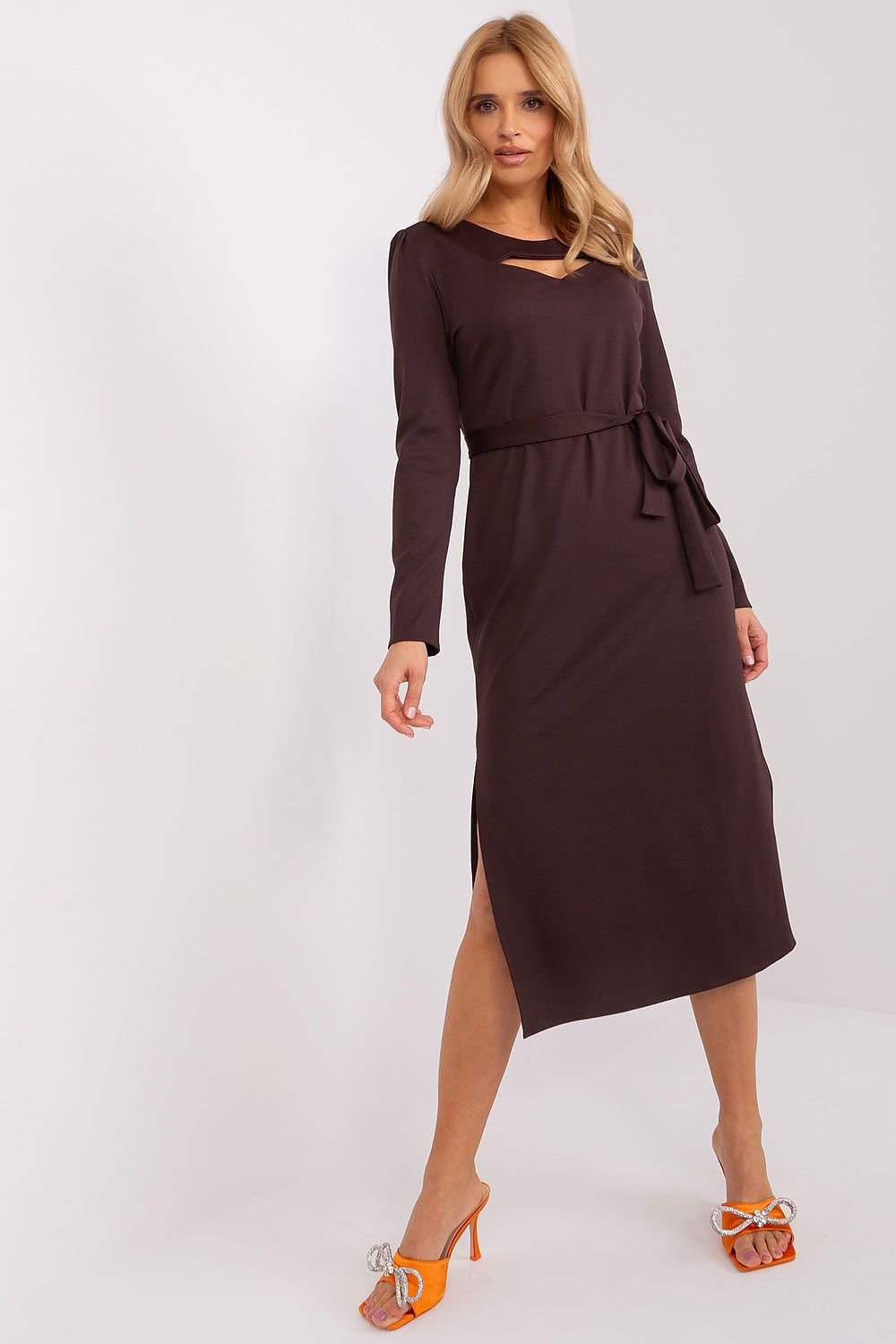 Variegated Ribbed Midi Dress with Tie Belt and Cutout Neckline for Elegant Style