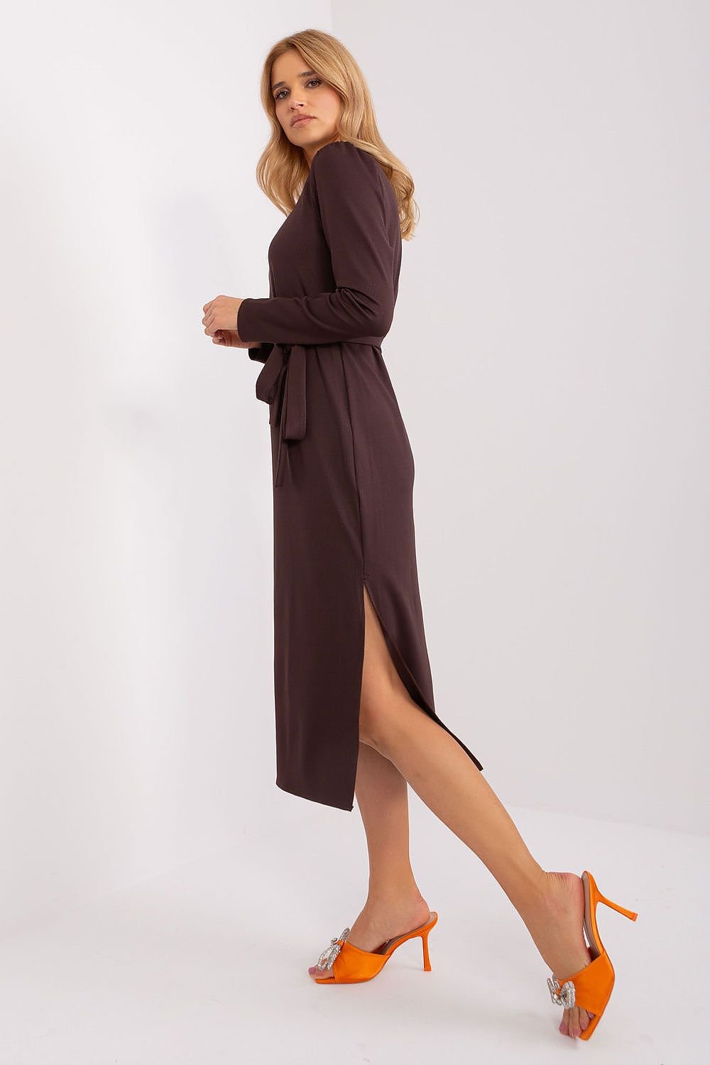 Variegated Ribbed Midi Dress with Tie Belt and Cutout Neckline for Elegant Style