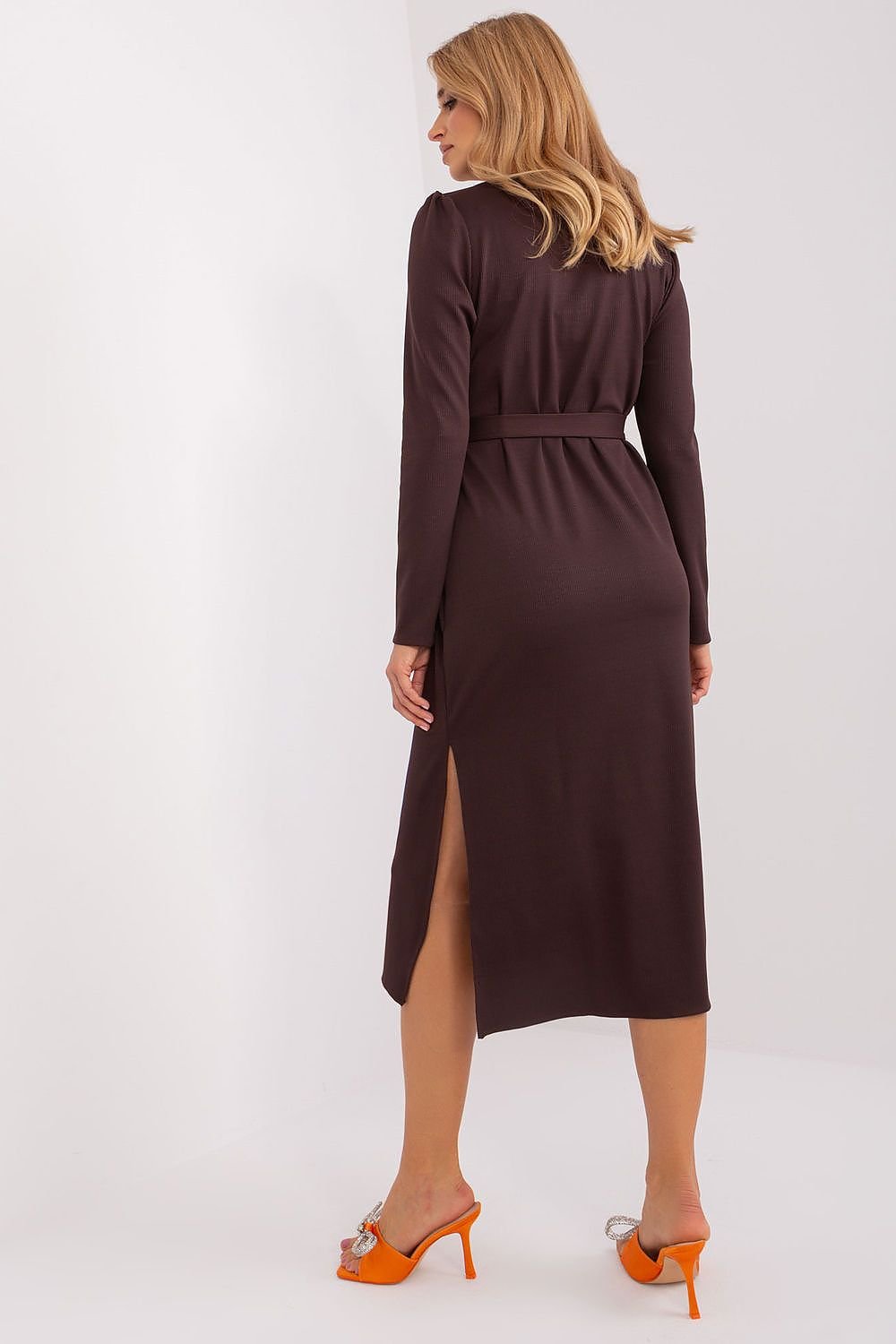 Variegated Ribbed Midi Dress with Tie Belt and Cutout Neckline for Elegant Style