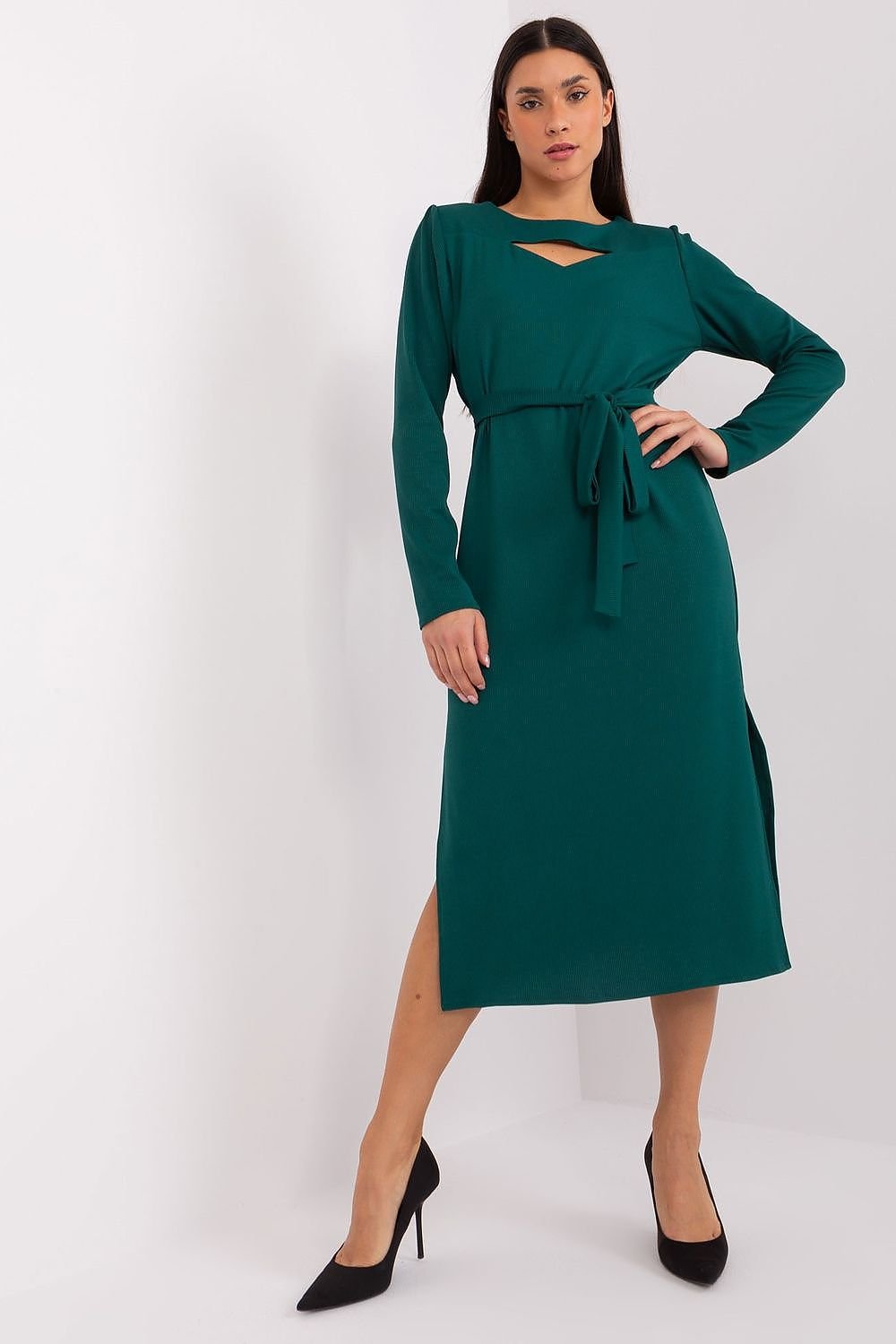 Variegated Ribbed Midi Dress with Tie Belt and Cutout Neckline for Elegant Style