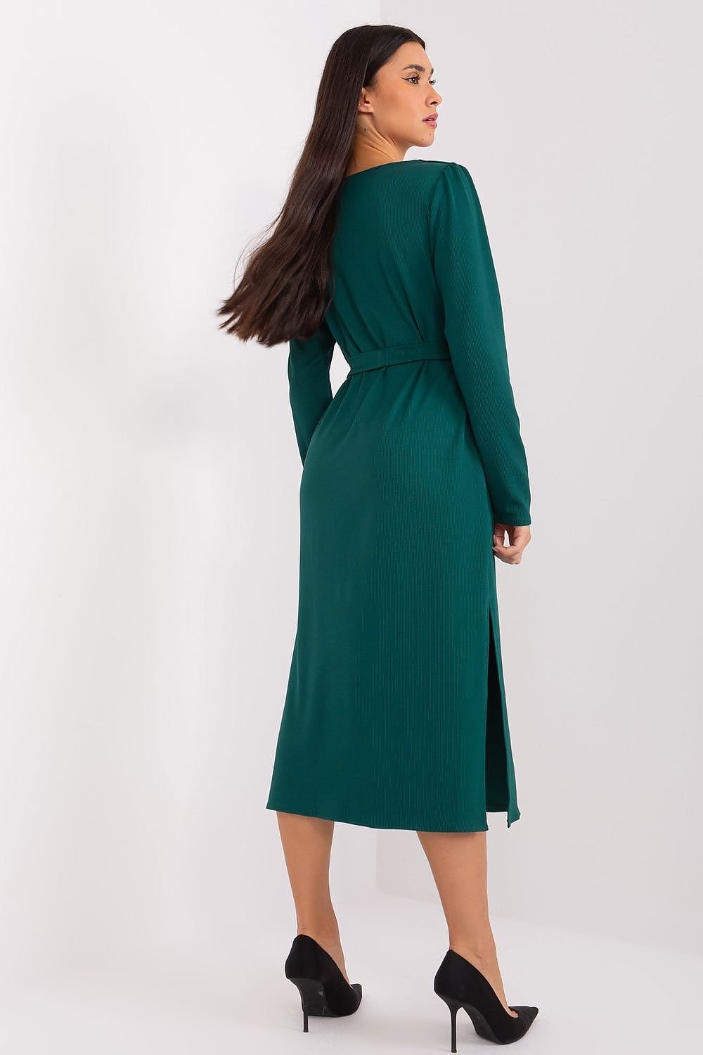 Variegated Ribbed Midi Dress with Tie Belt and Cutout Neckline for Elegant Style