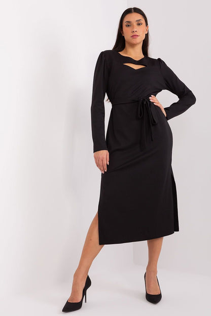 Variegated Ribbed Midi Dress with Tie Belt and Cutout Neckline for Elegant Style