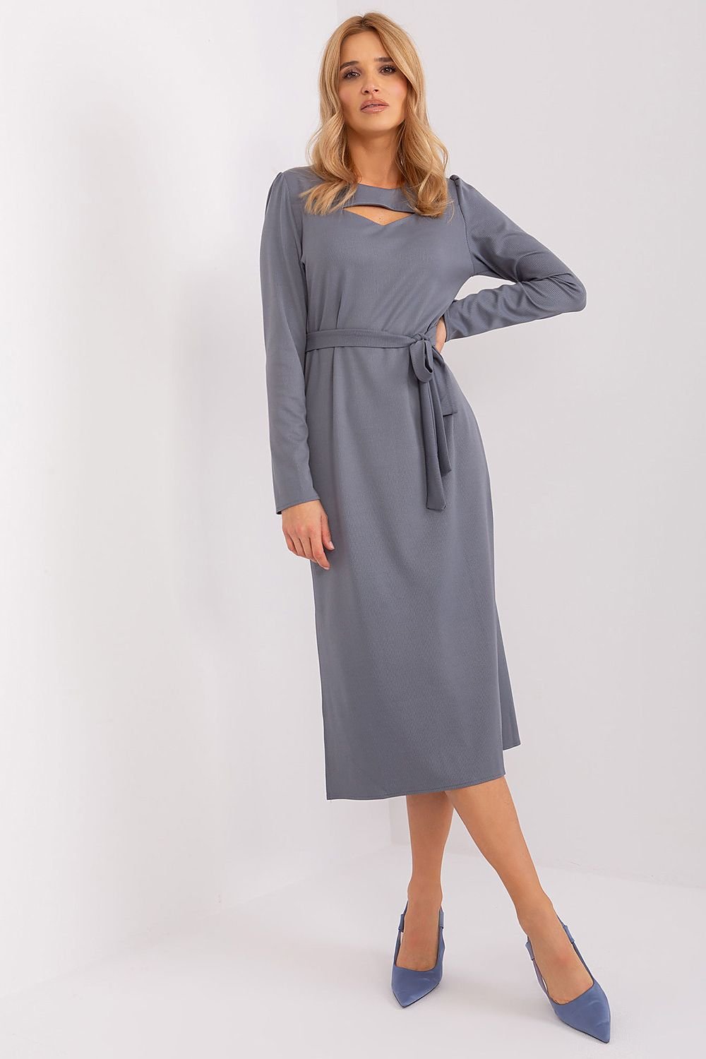 Variegated Ribbed Midi Dress with Tie Belt and Cutout Neckline for Elegant Style