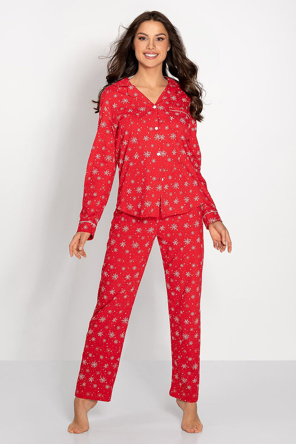 Santa Women's Pajama Set – V-Neck Blouse with Decorative Piping and Adjustable Button Detail
