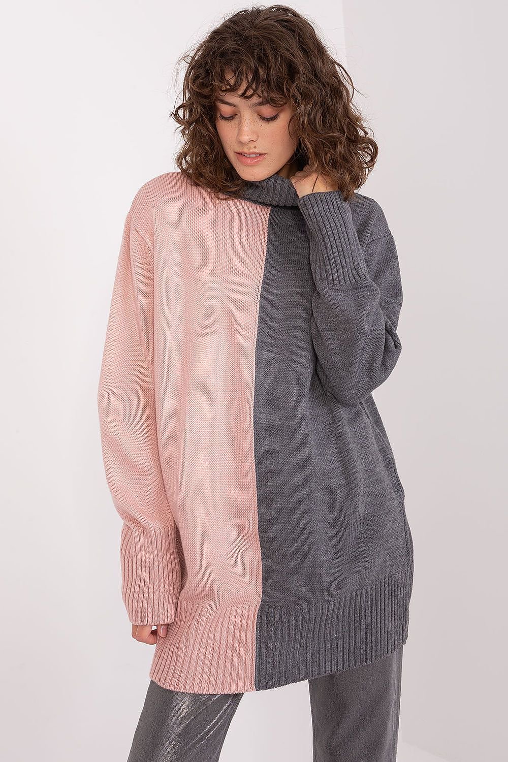 Pull col roulé bicolore à manches longues pour femme