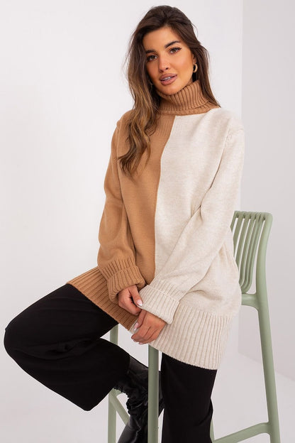 Pull col roulé bicolore à manches longues pour femme