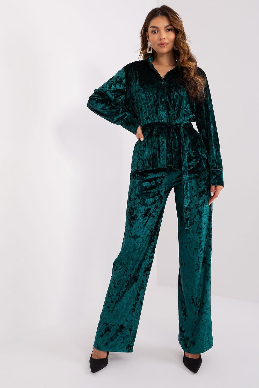 Velour Shirt & Wide-Leg Pants Set