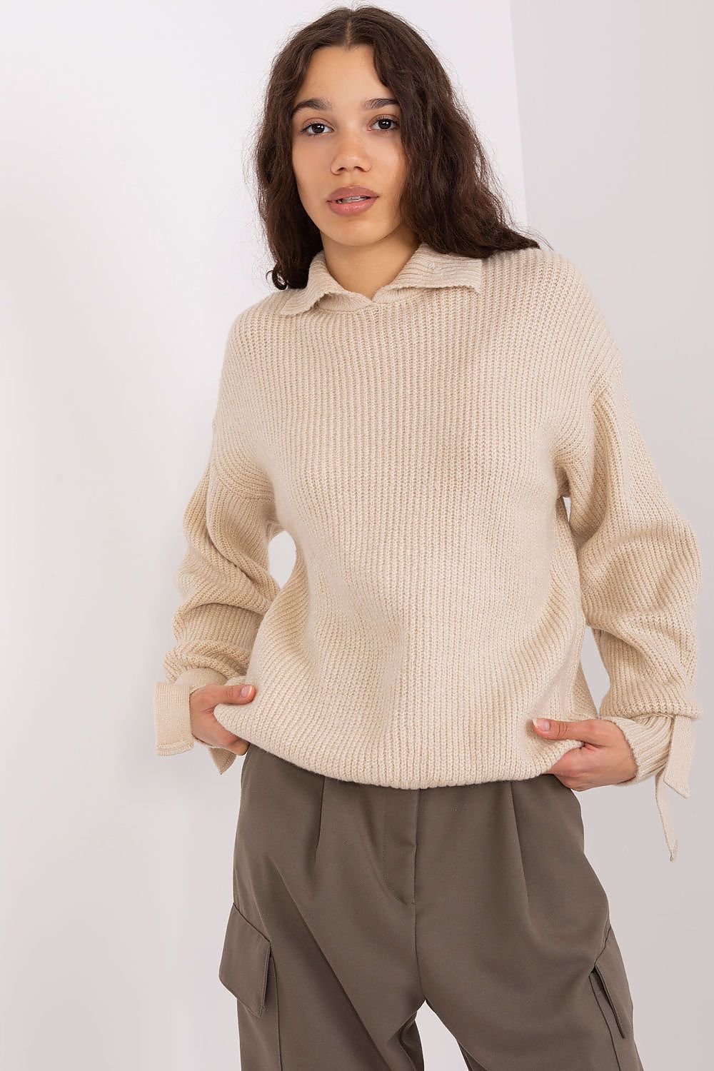 Versatile Sweater with Transformable Collar and Decorative Cuffs