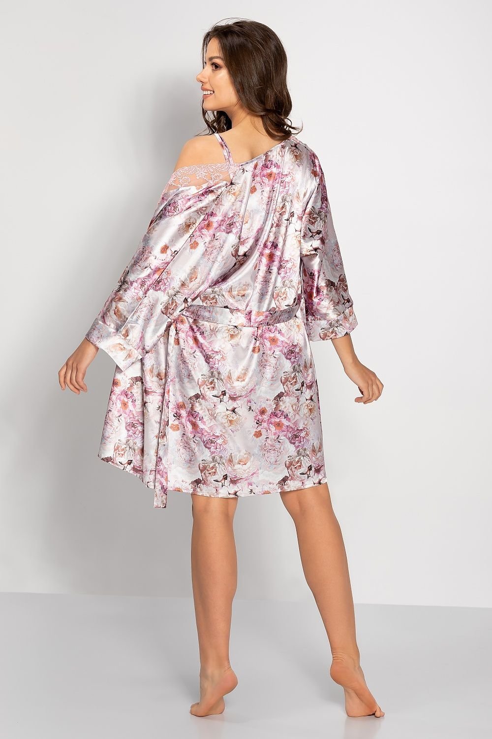 Floral Satin Bathrobe with Cuffed Sleeves