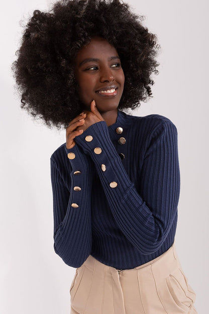 Stylish and comfortable ribbed viscose sweater with a small stand-up collar, long sleeves with button details, and standard length, perfect for both casual and office wear.






