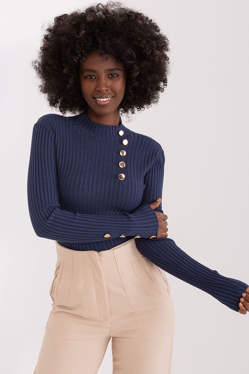 Ribbed Viscose Sweater with Stand-Up Collar and Button Sleeves