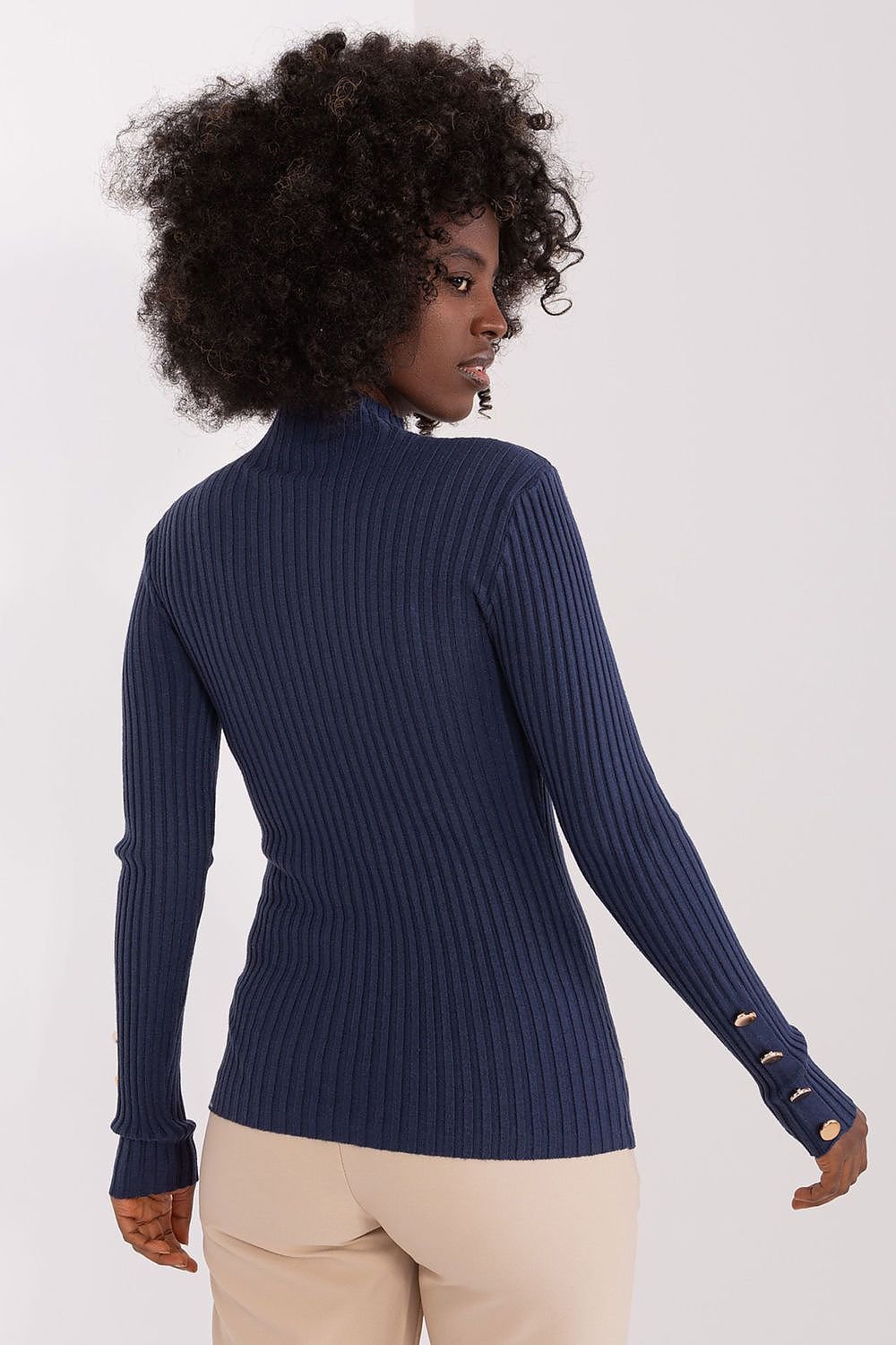 Ribbed Viscose Sweater with Stand-Up Collar and Button Sleeves