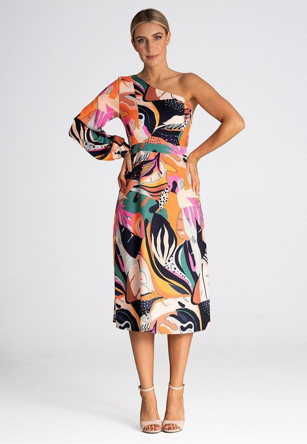 One-Shoulder Dress with Flared Bottom and Side Split - Ludowika 