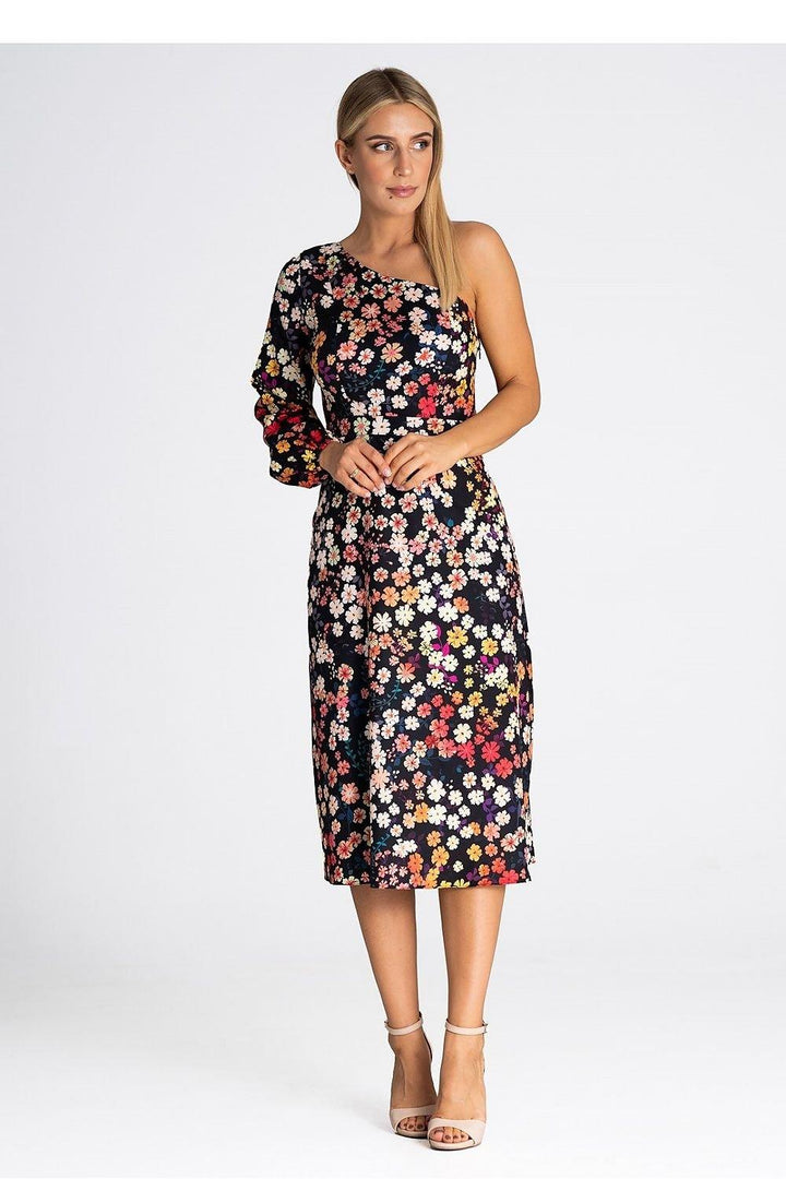 One-Shoulder Dress with Flared Bottom and Side Split - Ludowika 