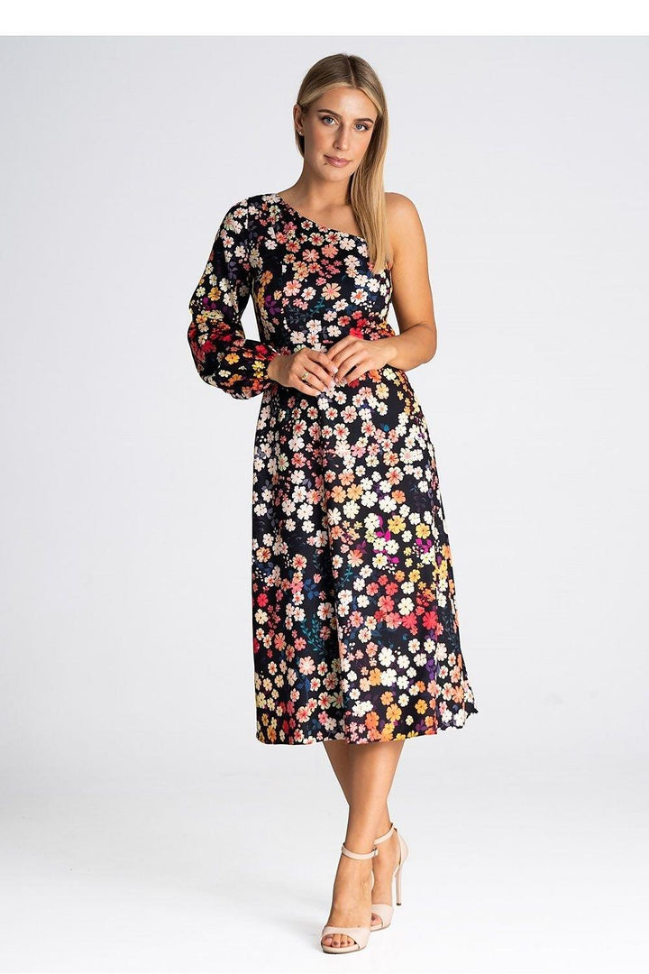 One-Shoulder Dress with Flared Bottom and Side Split - Ludowika 