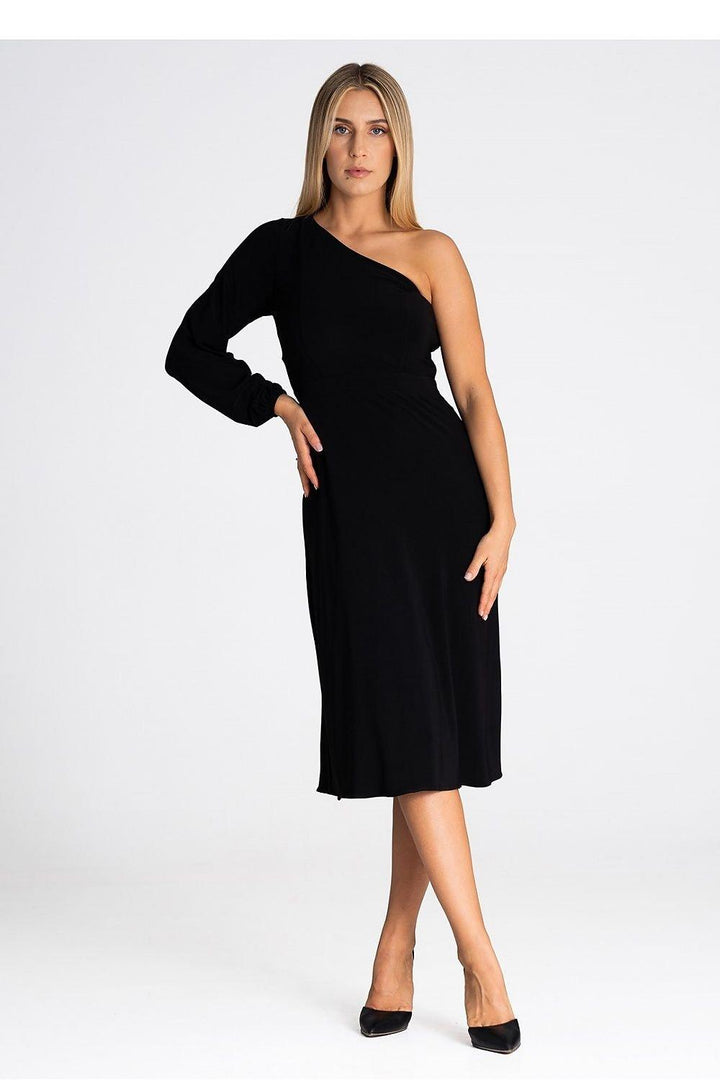 One-Shoulder Dress with Flared Bottom and Side Split - Ludowika 