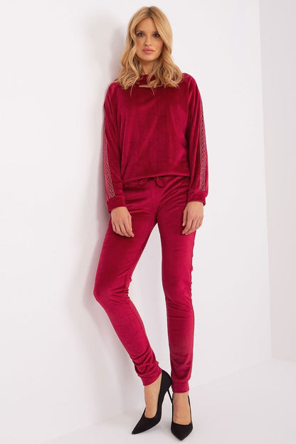 A chic velour set featuring a long-sleeve blouse with a round neckline, embellished with rhinestones on the sleeves, paired with long pants featuring a waist tie and slip pockets on the sides. Perfect for a stylish, comfortable look.






