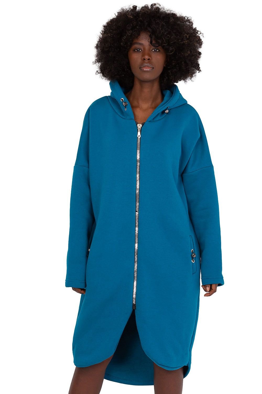 A women's extended sweatshirt featuring a sporty design with a long cut and a subtle half-circle hem detail. Made from high-quality cotton for breathability and softness, it includes a hood for wind and rain protection, long sleeves for warmth, a zipper closure for convenience, and slip pockets for practicality. Perfect for everyday wear or physical activities.






