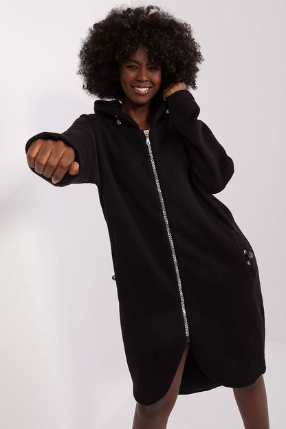 Extended Hooded Sweatshirt with Zipper and Slip Pockets