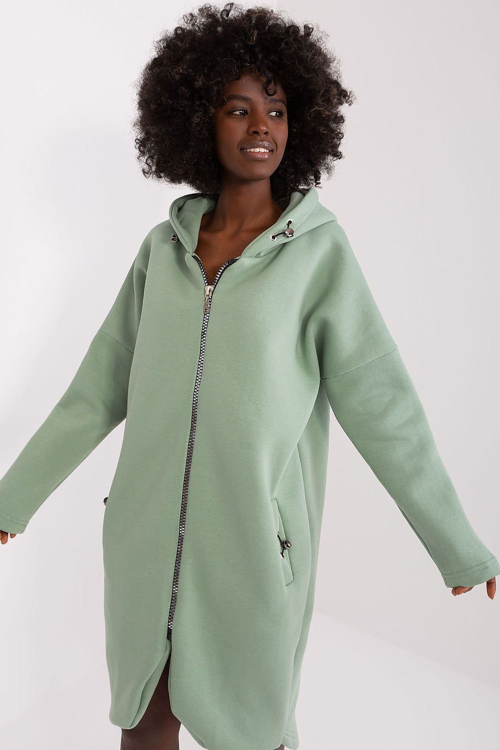 Extended Hooded Sweatshirt with Zipper and Slip Pockets