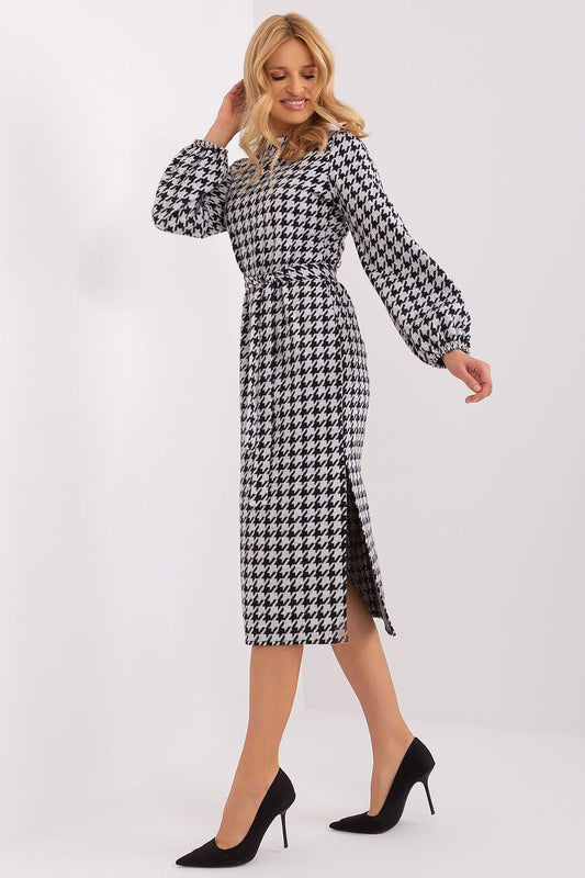 Chic Houndstooth Midi Dress with Tie Belt and Zipper Closure