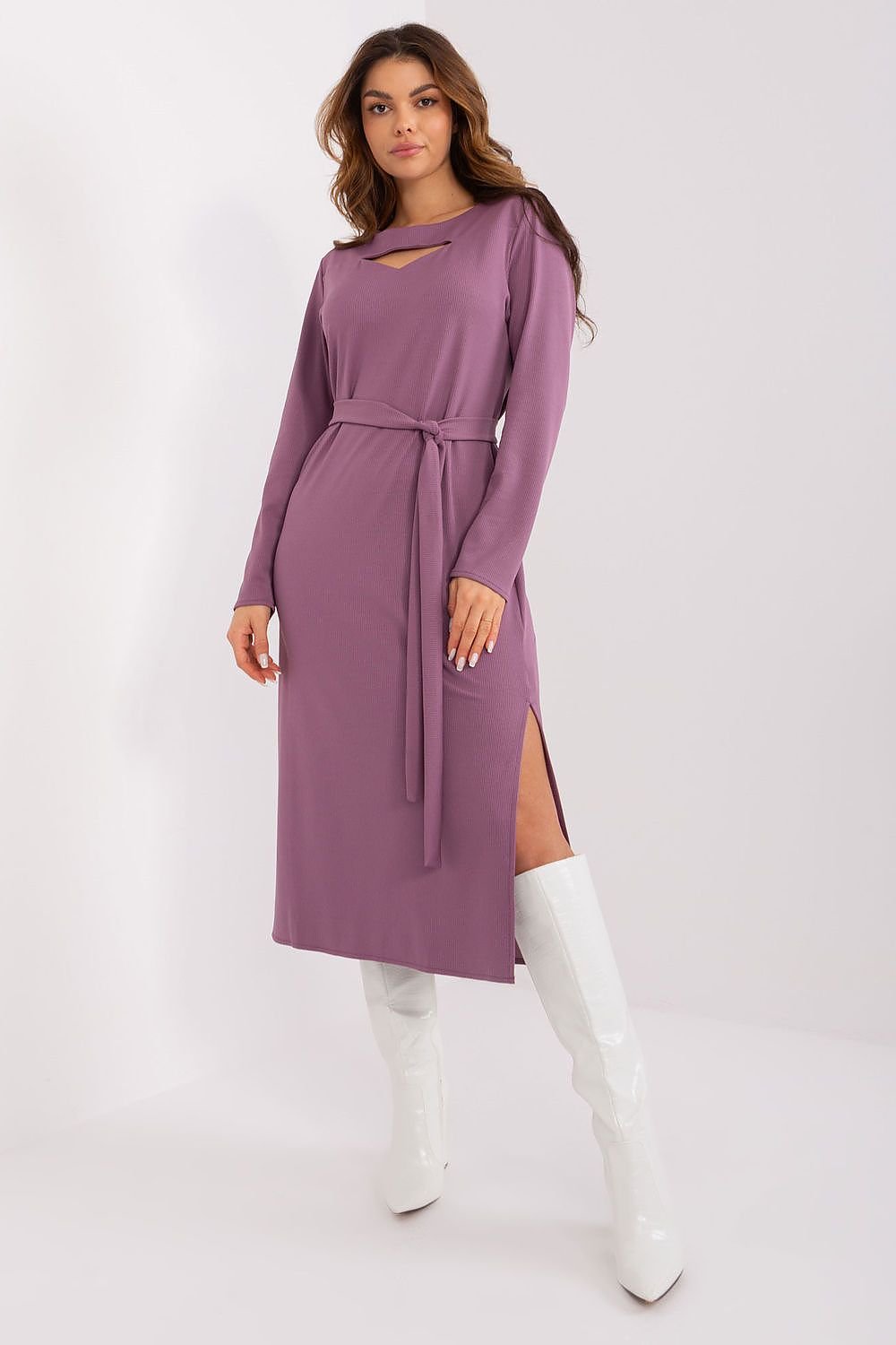 Variegated Ribbed Midi Dress with Tie Belt and Cutout Neckline for Elegant Style