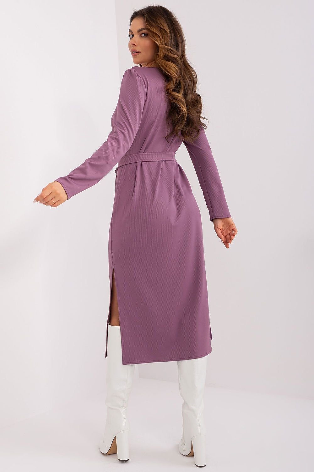 Variegated Ribbed Midi Dress with Tie Belt and Cutout Neckline for Elegant Style