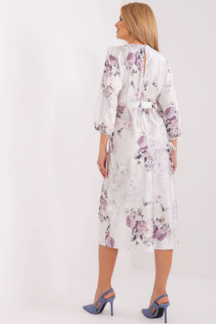 Floral Straight-Cut Dress with 3/4 Buff Sleeves and Tie Belt - Ludowika 