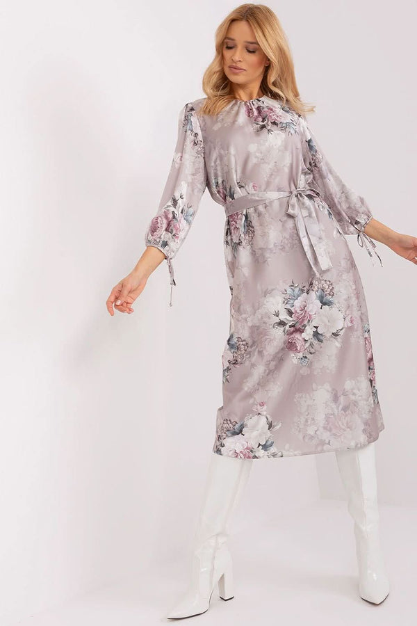 Floral Straight-Cut Dress with 3/4 Buff Sleeves and Tie Belt - Ludowika 