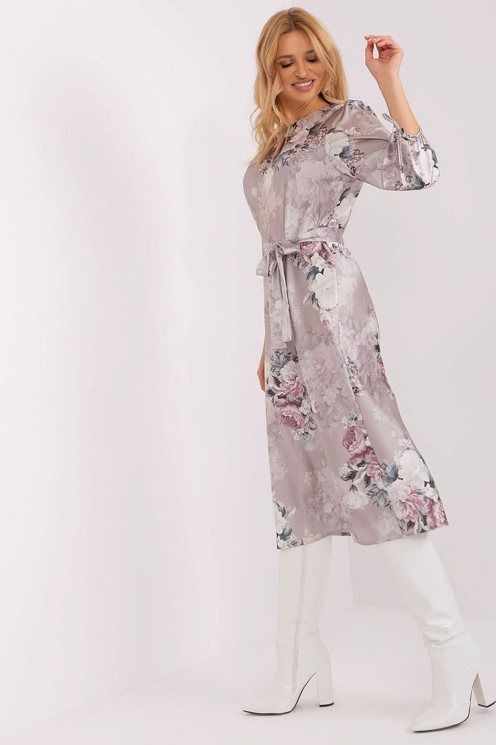 Floral Straight-Cut Dress with 3/4 Buff Sleeves and Tie Belt - Ludowika 