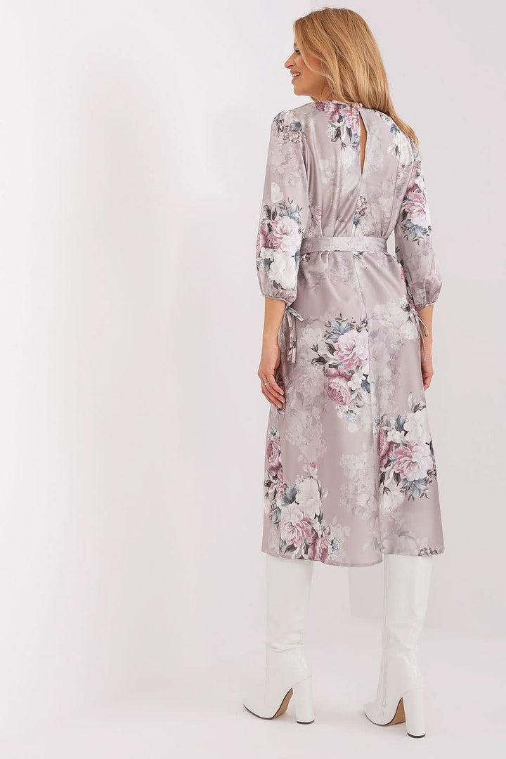 Floral Straight-Cut Dress with 3/4 Buff Sleeves and Tie Belt - Ludowika 