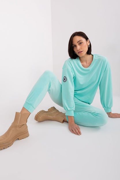 An elegant velour sweatshirt set featuring a round-neck, long-sleeve sweatshirt with a unique patch on one sleeve, paired with tapered pants with a drawstring waist and practical side pockets. Perfect for various occasions, offering a combination of comfort and chic style.






